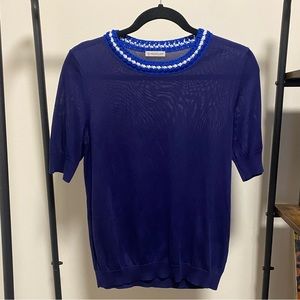 MONCLER navy knit blouse with crocheted collar knitted